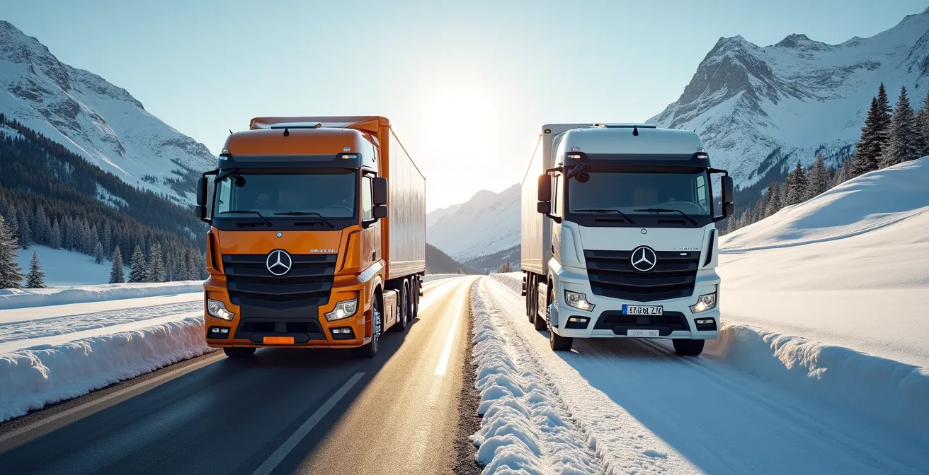 Entscheidungsmatrix für Alpenquerung mit Wettersymbolen und verschiedenen LKW-Typen