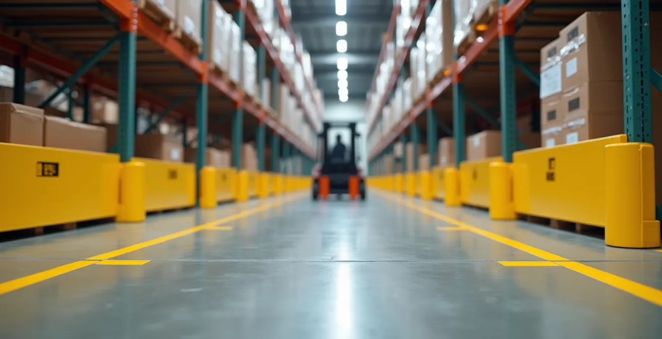 Gelber Rammschutz an Palettenregal-Eckpfosten im Schweizer Lager