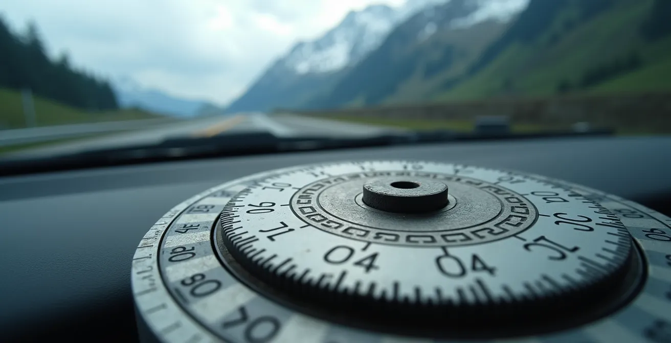 Nahaufnahme eines Fahrtenschreibers mit verschwommenen Schweizer Bergpässen im Hintergrund