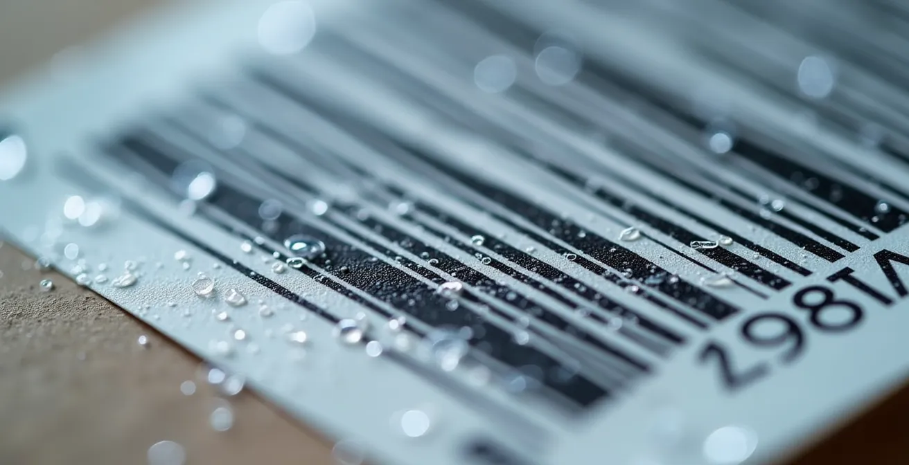 Makroaufnahme eines Barcode-Etiketts auf einer Palette im Schweizer Lagerumfeld