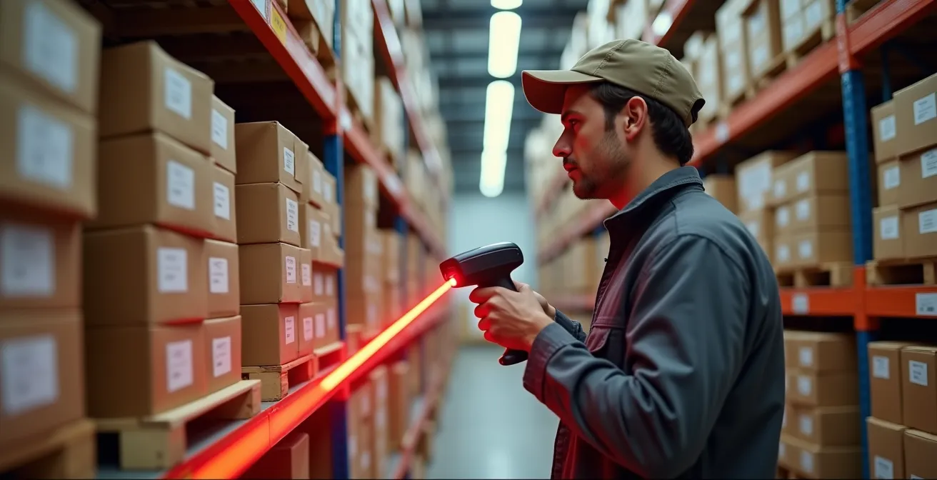 Lagermitarbeiter beim Scan-Verify-Prozess mit Handscanner in der Konsolidierungszone