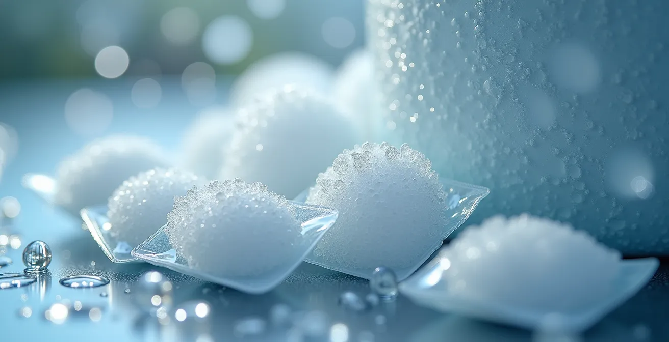 Makroaufnahme von Trockenmittelbeuteln und Kondensationsschutz im Container