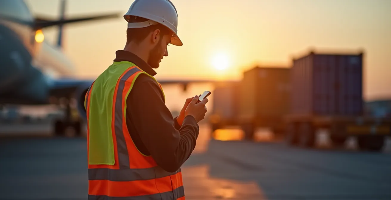 Zeitkritische Luftfrachtabfertigung bei Sonnenuntergang