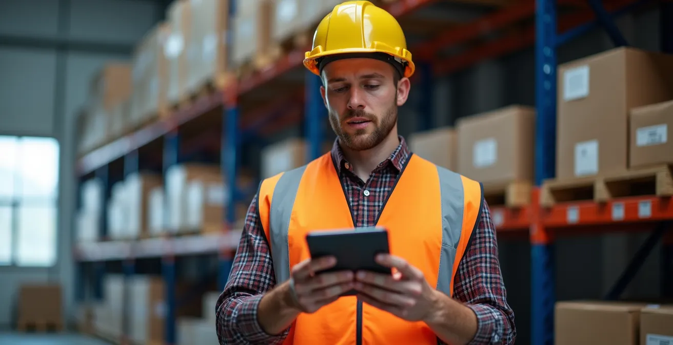 Mitarbeiter arbeitet mit digitalem Logistiksystem auf Tablet in Schweizer Lager