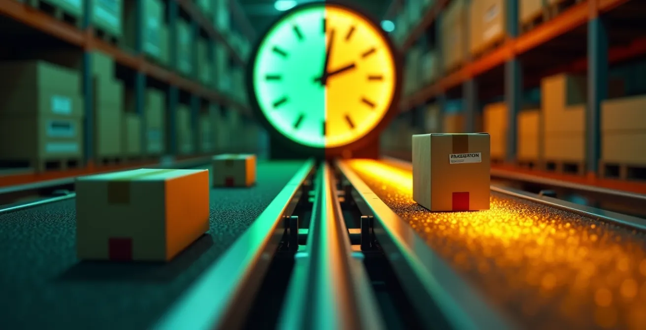 Visuelle Darstellung der Unterschiede zwischen Eco-Versand und Priority-Versand mit Zeitachse und Kostenvergleich