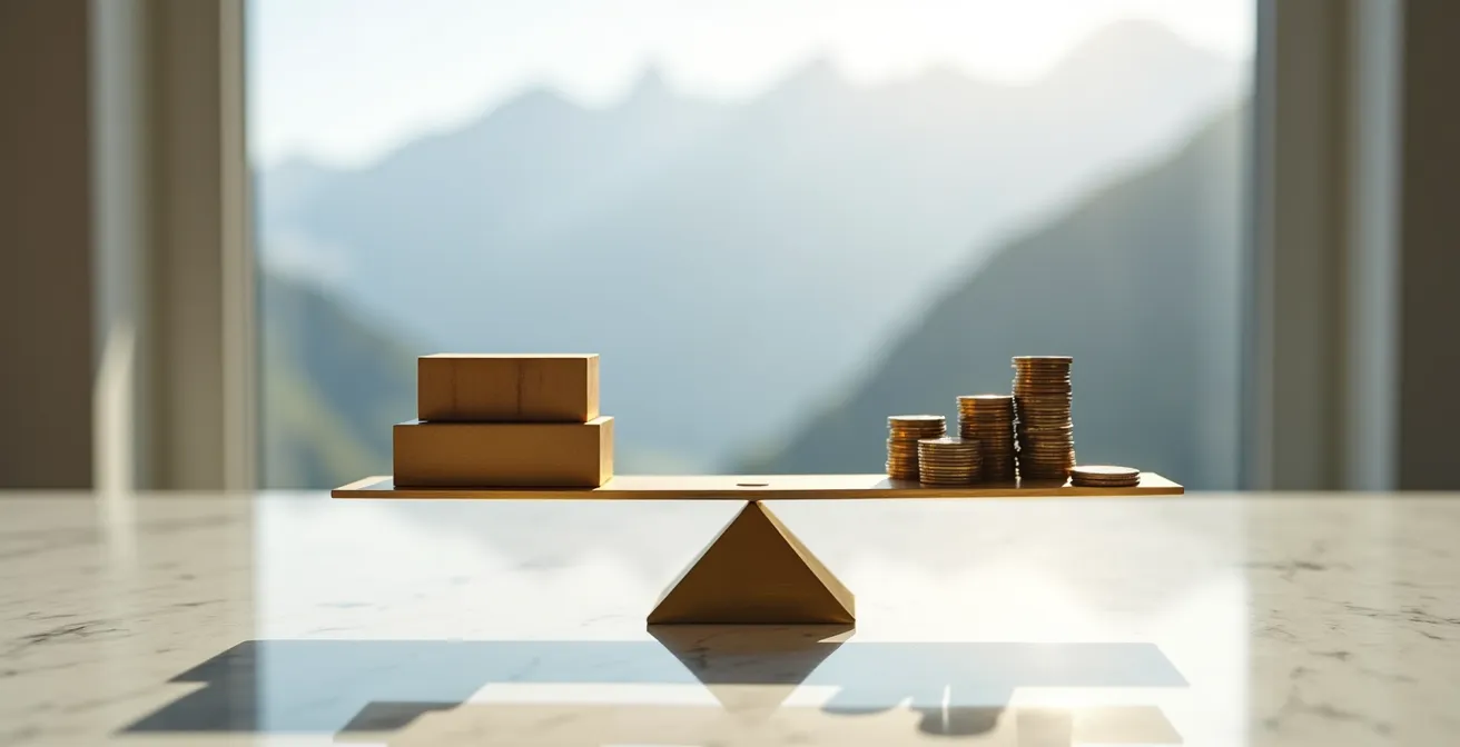 Symbolische Darstellung einer Waage mit abstrakten Logistikelementen im minimalistischen Büroraum