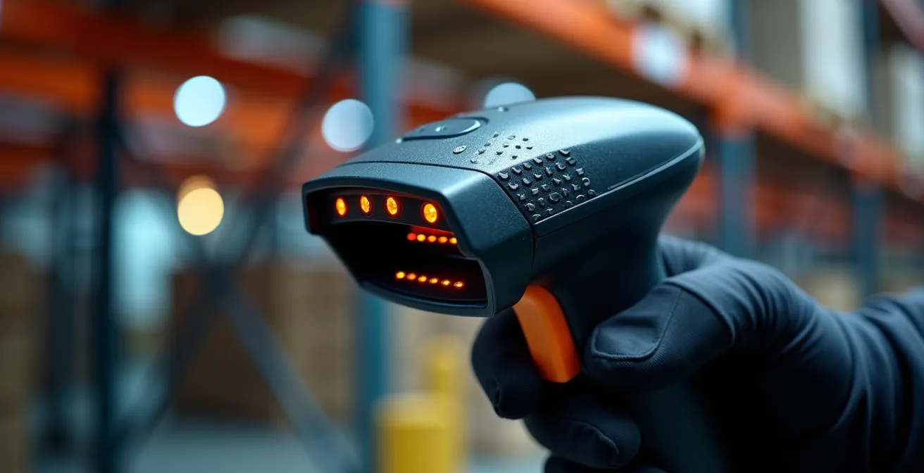 Nahaufnahme von modernen Lagerscannern in Aktion