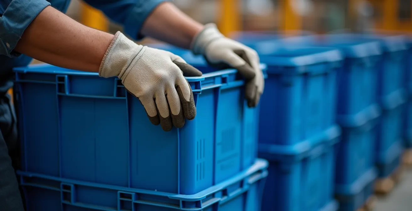 Effizient gestapelte blaue Mehrwegboxen im LKW-Laderaum