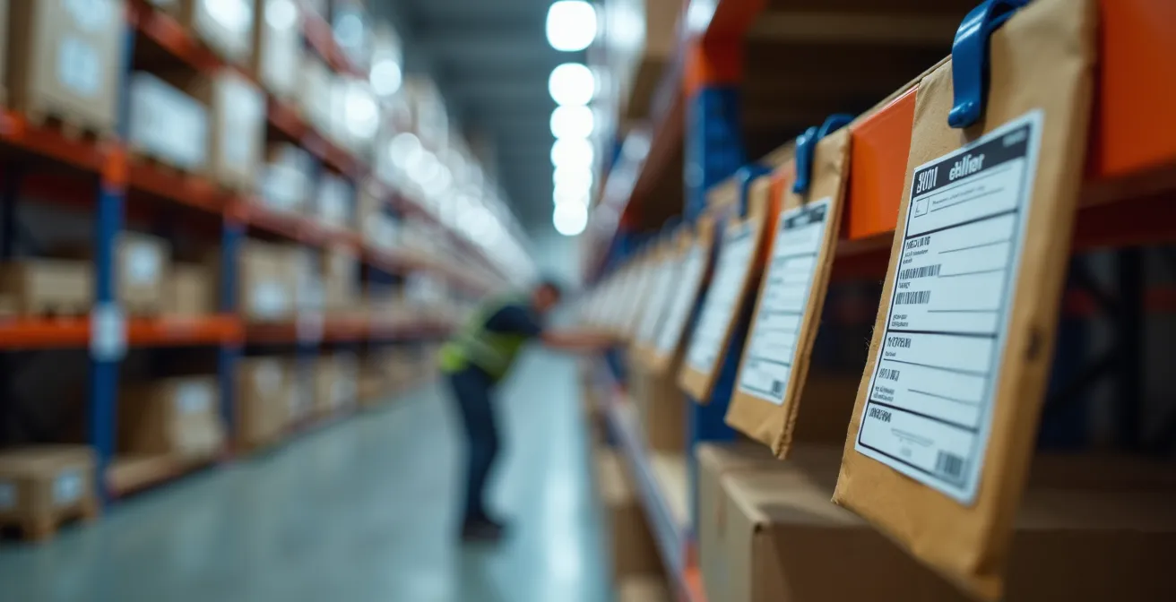 Detailaufnahme von Warenetiketten im Konsignationslager mit unscharfem Hintergrund