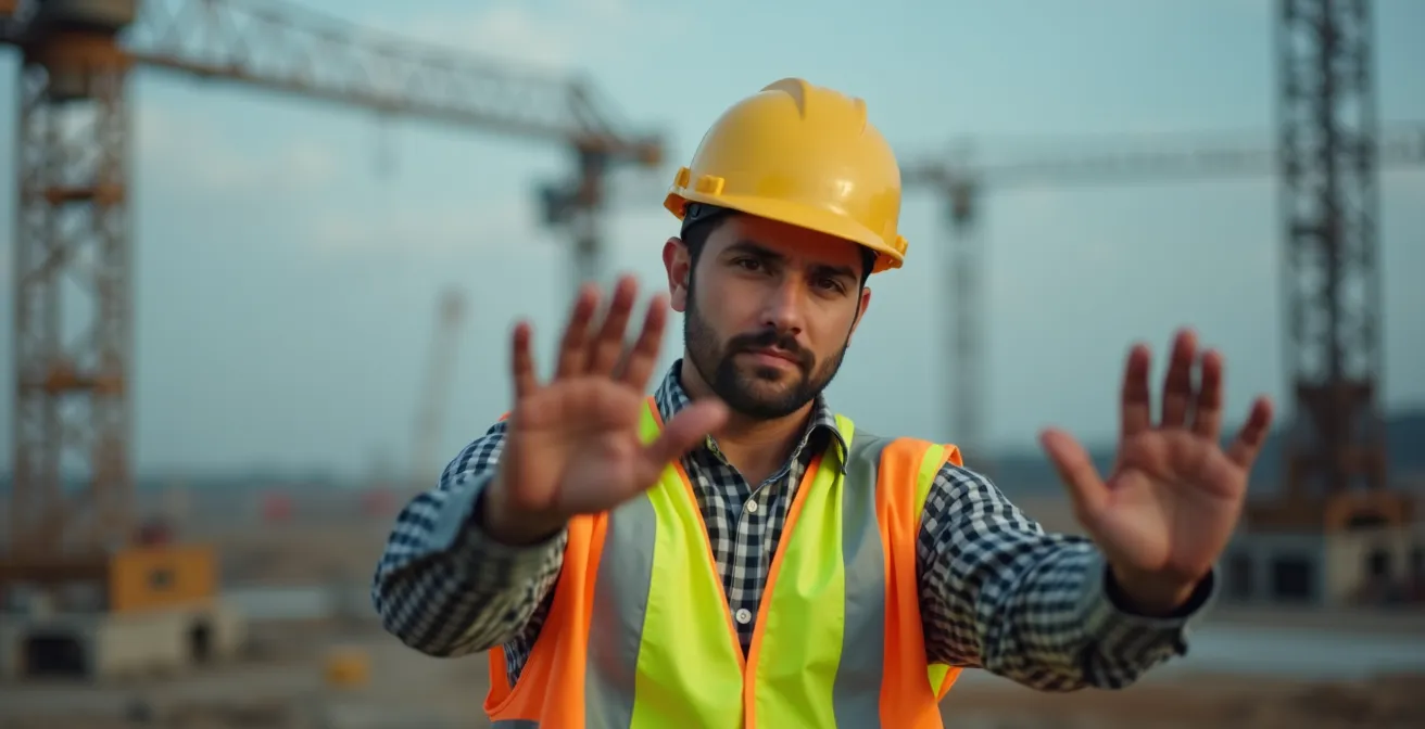 Einweiser gibt standardisierte Handzeichen für Kranführer auf Schweizer Baustelle
