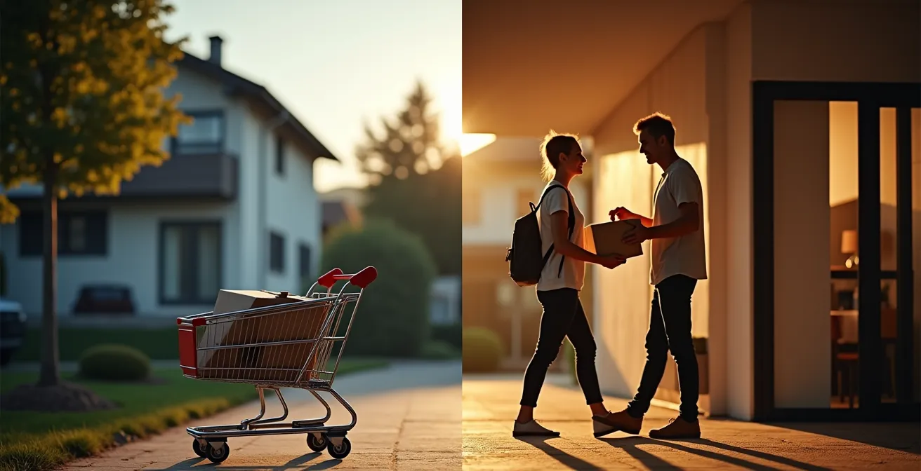 Zufriedener Kunde erhält Paket von Velokurier in Schweizer Wohnquartier