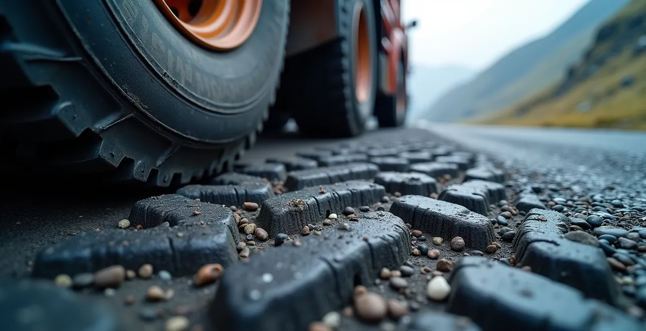 Detailaufnahme eines LKW-Reifens auf steiler Bergstrasse mit sichtbarem Verschleiss