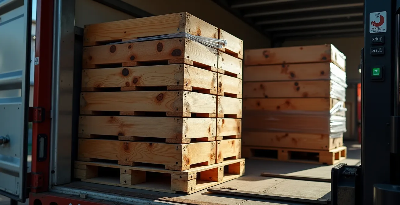 Makroaufnahme der präzisen Palettenbeladung in einem Schweizer LKW mit optimaler Raumausnutzung