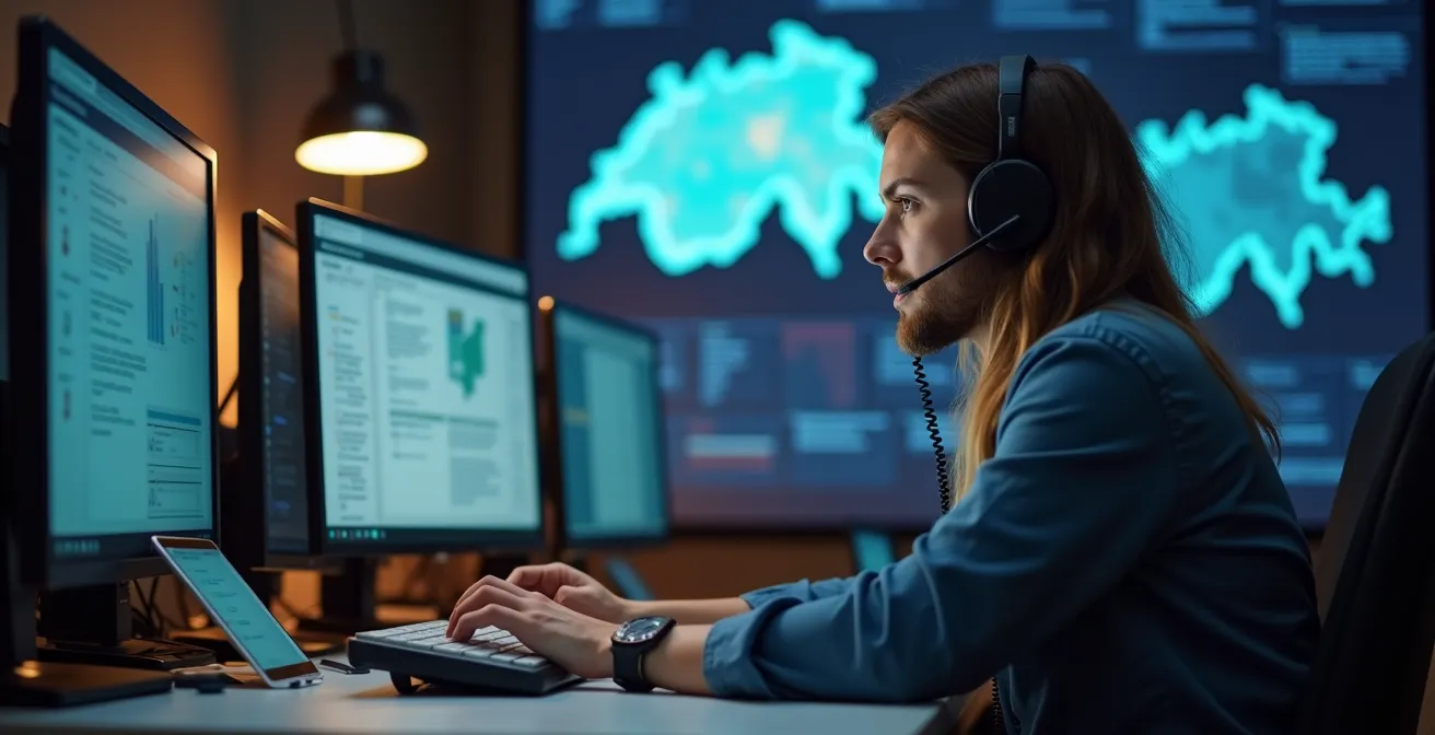 Disponent am Arbeitsplatz während einer Krisensituation mit mehreren Kommunikationsgeräten