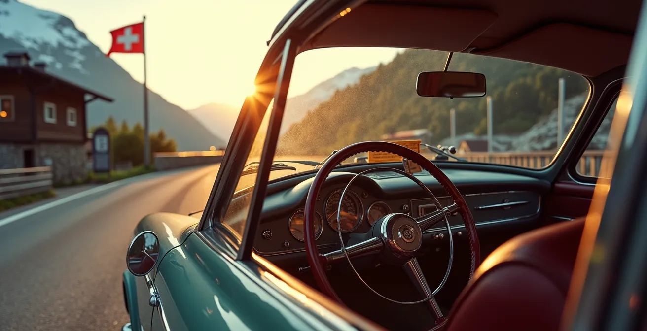 Klassischer Oldtimer mit Veteranenstatus vor Schweizer Bergkulisse