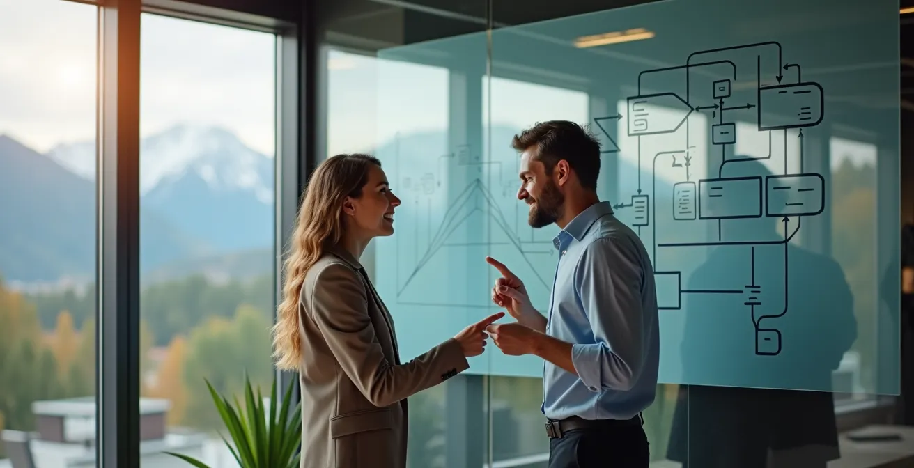 Geschäftsleute analysieren Lagerprozesse mit digitalen Werkzeugen