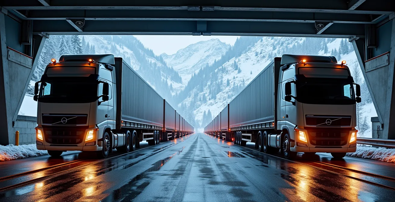 Verladevorgang eines LKW auf die Rollende Landstrasse bei winterlichen Bedingungen