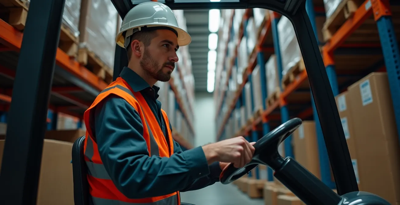 Schmalgangstapler in einem engen Lagergang zwischen hohen Regalen