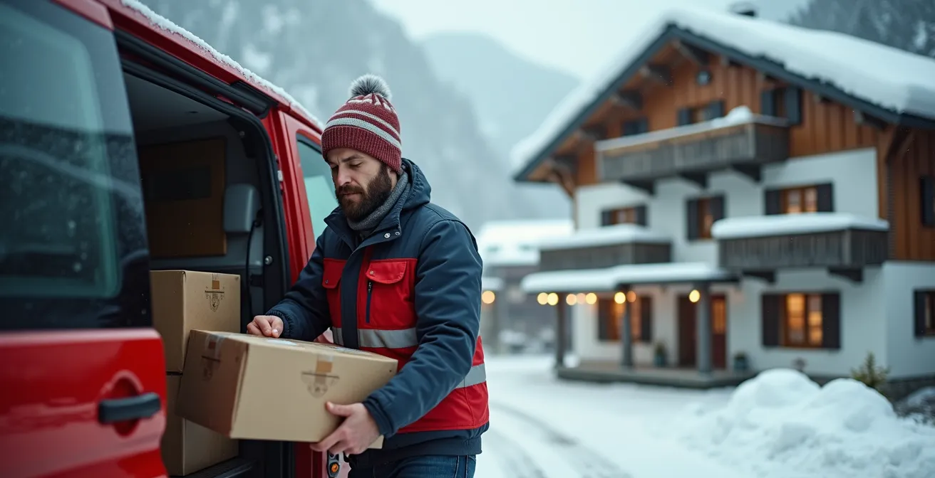 Lieferwagen bei der Zustellung in verschneitem Schweizer Bergdorf