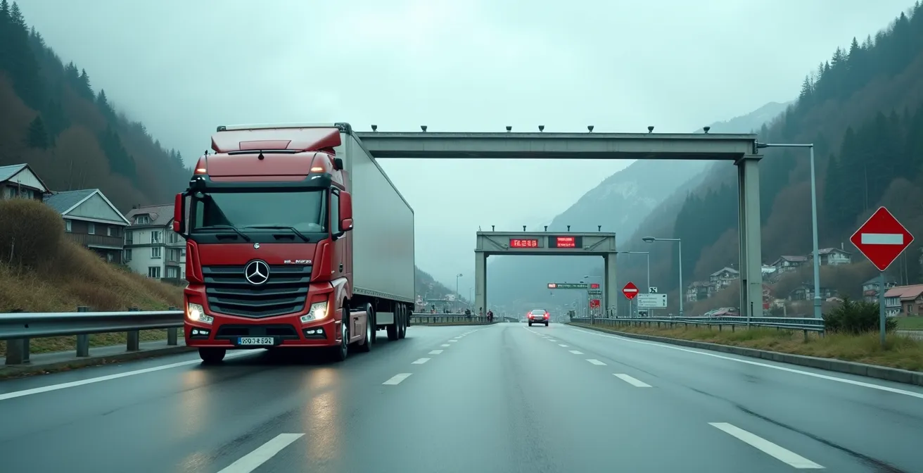 LKW an Schweizer Grenzübergang mit Zollstation im Hintergrund