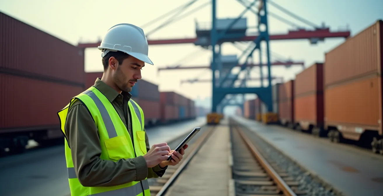 Güterumschlag am Gateway Basel Nord Terminal mit Containerkränen und Zugverladung