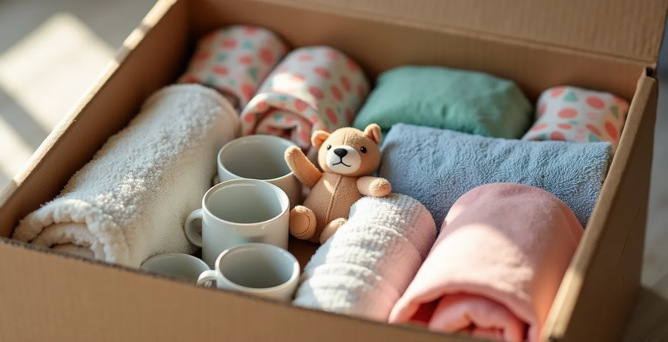 Übersichtlich gepackte Umzugskiste mit Familienessentials für die erste Nacht