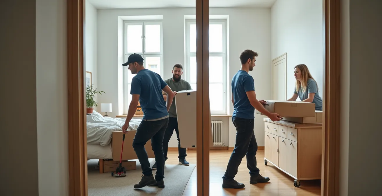 Visuelle Gegenüberstellung von professionellem Umzugsservice und privatem Umzug mit Freunden