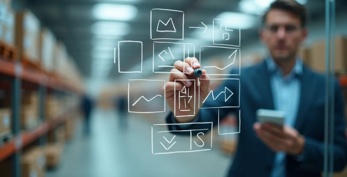 Makroaufnahme einer Hand, die Wertstromanalyse-Symbole auf transparentem Board zeichnet