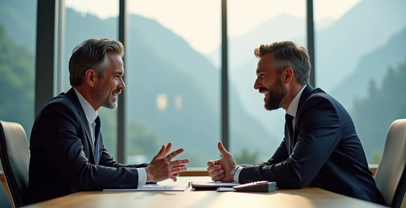 Schweizer KMU-Inhaber in Verhandlungsgespräch mit lokalem Spediteur in modernem Büro