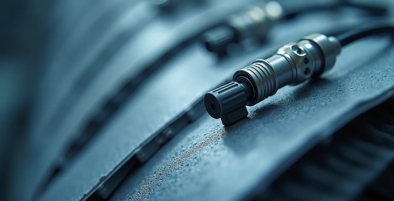 Makroaufnahme von Vibrationsmessgeräten an Verpackungen während eines Alpentransits